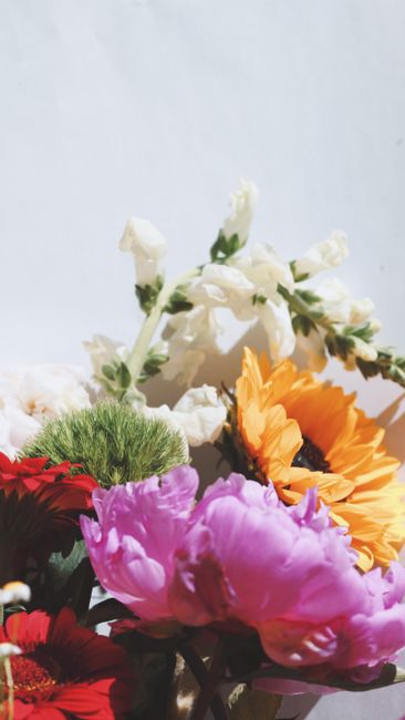 A vibrant assortment of mixed flowers, including a large pink peony in the foreground, bright orange sunflowers, red blooms, white blossoms, and green foliage, arranged together in a garden setting. T